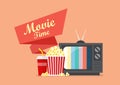 Movie time Popcorn snack and drink with retro television Royalty Free Stock Photo