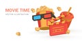 Movie time poster. Banner with movie clapperboard, bucket of popcorn and cinema 3d glasses. Vector illustration Royalty Free Stock Photo