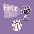 Movie time poster. Cartoon vector illustration. Film projector and popcorn Royalty Free Stock Photo