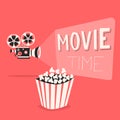 Movie time poster. Cartoon vector illustration. Film projector and popcorn Royalty Free Stock Photo