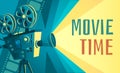 Movie time poster. Vintage cinema film projector, home movie theater and retro camera vector illustration Royalty Free Stock Photo