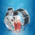 Movie time vector illustration. Cinema poster concept on blue round background. Composition with popcorn, clapperboard, 3d glasses Royalty Free Stock Photo