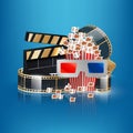 Movie time vector illustration. Cinema poster concept on blue round background. Composition with popcorn, clapperboard, 3d glasses Royalty Free Stock Photo