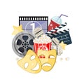 Movie time vector illustration. Cinema poster concept on red round background. Composition with popcorn, clapperboard Royalty Free Stock Photo