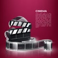 Movie time vector illustration. Cinema poster concept on red round background. Composition with popcorn, clapperboard, 3d glasses Royalty Free Stock Photo