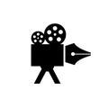 Movie writer concept pen nib writer with film reel vector logo icon design illustration