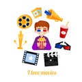 Moviegoer boy cinema icons set