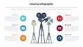 movies or cinema infographics template diagram with old camera and lightning set tripod with 6 point step creative design for Royalty Free Stock Photo