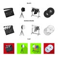 Movies, discs and other equipment for the cinema. Making movies set collection icons in black, flat, monochrome style