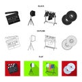 Movies, discs and other equipment for the cinema. Making movies set collection icons in black,flat,outline style vector