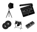 Movies, discs and other equipment for the cinema. Making movies set collection icons in black style vector symbol stock