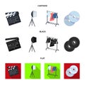 Movies, discs and other equipment for the cinema. Making movies set collection icons in cartoon,black,flat style vector