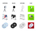 Movies, discs and other equipment for the cinema. Making movies set collection icons in cartoon,black,outline,flat style