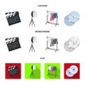 Movies, discs and other equipment for the cinema. Making movies set collection icons in cartoon,flat,monochrome style