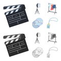 Movies, discs and other equipment for the cinema. Making movies set collection icons in cartoon,monochrome style vector