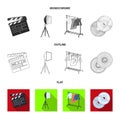 Movies, discs and other equipment for the cinema. Making movies set collection icons in flat,outline,monochrome style