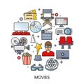 Movies element set in round form. Cinema icons collection. Outline flat isolated vector illustration.