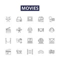 Movies line vector icons and signs. Cinemas, Movies, Blockbusters, Slates, Flicks, Features, Reels, Animations outline