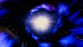 Moving through abstract wormhole, time and space, clouds, and millions of stars. Animation. Beautiful blue galaxy tunnel