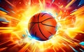 Moving basketball ball graphic poster. March madness banner design. Three quarters view team sport icon. Open bright colors, Royalty Free Stock Photo
