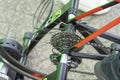 moving bicycle wheel with chain and cassette. On the basis of support.