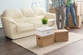 Moving boxes on carpet infront of young couple and sofa Royalty Free Stock Photo