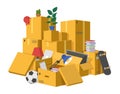 Moving boxes. Delivery cardboard boxes pile, stacked carton packaging box with new home moving goods, delivery open Royalty Free Stock Photo