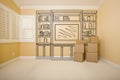 Moving Boxes in Empty Room with Shelf Design Drawing on Wall Royalty Free Stock Photo