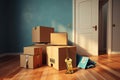 Moving boxes with keys in empty room. 3D rendering and illustration, Moving house, relocation. The key was inserted into the door