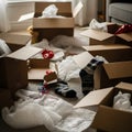 Moving boxes and packing materials scattered on the floor during a home relocation day Royalty Free Stock Photo
