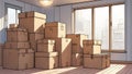 Moving boxes stacked in empty room with city view Royalty Free Stock Photo