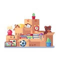 Moving with boxes to new home. Pile of stacked cardboard boxes. Vector stock illustration in flat style isolated on