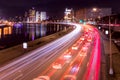 Moving car with blur light through city at night. Moscow Royalty Free Stock Photo