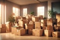 Moving cardboard boxes new house background. ai generative