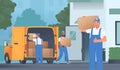Moving company. Relocation service. Movers carry boxes into the house. Moving. Vector illustration