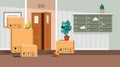 Moving concept, cardboard carton boxes with household belongings in corridor