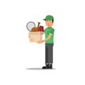 Moving concept. Delivery serviceman icons with box, worker, mover. Vector illustration