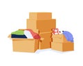 Moving concept. Set of three stacks. Cardboard boxes with various things from house, clothes, toy bear. Hand drawn Royalty Free Stock Photo