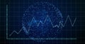 Moving cyan line graph with glowing markers on grid analytics dashboard, showing network world map Royalty Free Stock Photo
