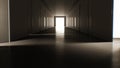 Moving through the dark corridor with many opening and closing doors to the bright white exit. Business and technology