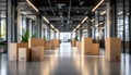 Moving Day. Cardboard Boxes Lined Up in Empty Office Space. Concept of Business Relocation