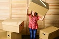 Moving day. purchase of new habitation. repair of room. new apartment. unpacking moving boxes. happy child cardboard box Royalty Free Stock Photo