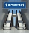Moving escalator stairs in airport, departures sign Royalty Free Stock Photo