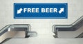Moving escalator stairs, free beer sign Royalty Free Stock Photo