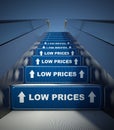 Moving escalator stairs to low prices, concept