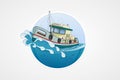 Moving fishing boat. Deep sea with wave. Round vector computer icons for applications or games. Logo and emblem template. Handdraw