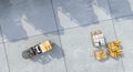 moving forklift inside an industrial warehouse. top view Royalty Free Stock Photo
