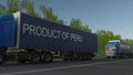 Moving freight semi trucks with PRODUCT OF PERU caption on the trailer. Road cargo transportation. 3D rendering