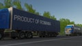 Moving freight semi trucks with PRODUCT OF ROMANIA caption on the trailer. Road cargo transportation. 3D rendering