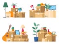 Moving home boxes pile. House stuff packed in cardboard boxes with fragile sign for apartment moving cartoon vector Royalty Free Stock Photo